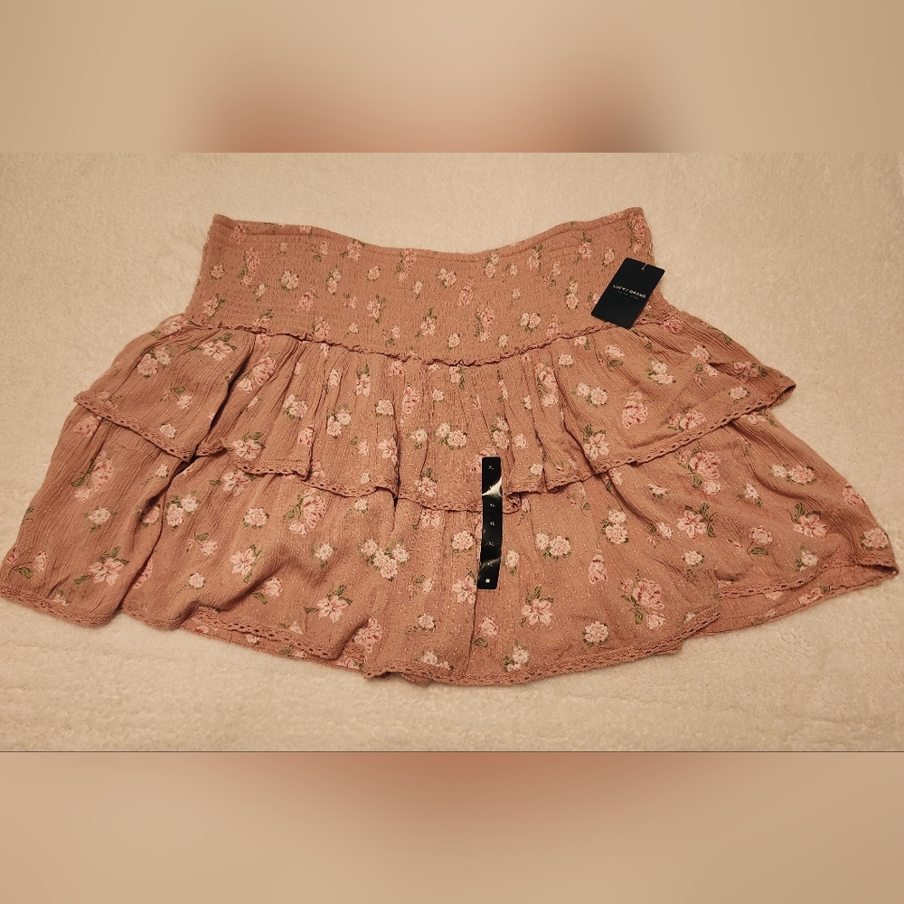 Lucky Brand Women's Pink Smocked Tiered Floral Mini Skirt NWT